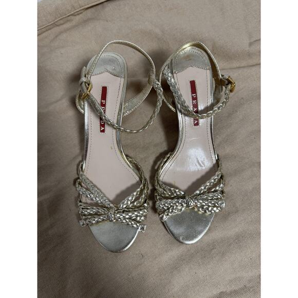 Prada Shoes Womens Size 6 Silver Wedge Sandals Braided Cork Ankle Strap 5V706 - Picture 1 of 15